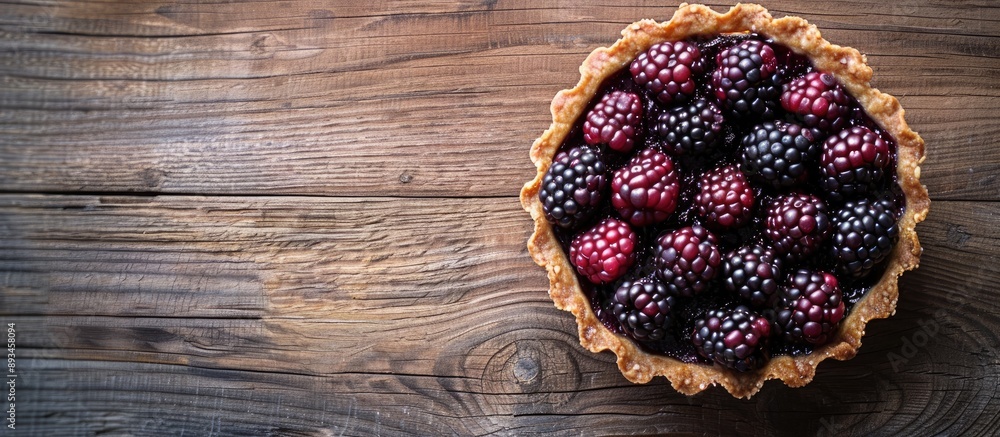 Aufkleber A tart topped with ripe blackberries displayed on a rustic wooden surface with space for text or graphics ideal for food photography or advertisements. with copy space image