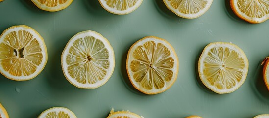 Top view of fresh ripe lemon slices arranged on a green table in a kitchen setting with a clear area for adding text or images. with copy space image. Place for adding text or design