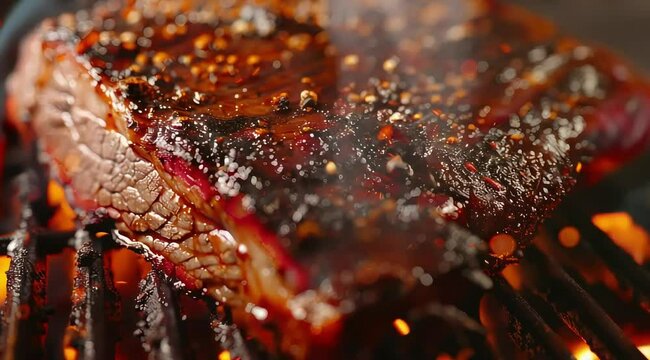A brisket sizzling on a backyard grill, generously coated with seasonings, surrounded by wafts of smoke and dancing fire particles, creating an inviting atmosphere.