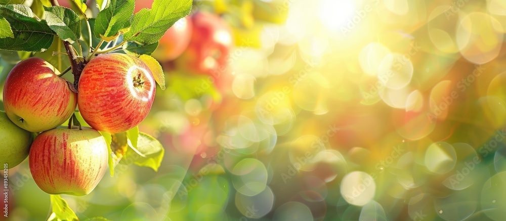 Leinwandbilder fresh apples hanging on a tree in a natural setting with copy space image