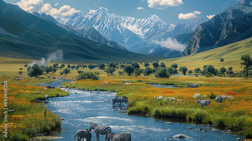 Poster A river flows out from the mountains in a vast valley, and a group of zebras are passing through it. On both sides of the river, there are scattered large trees and colorful flowers. Generative AI.