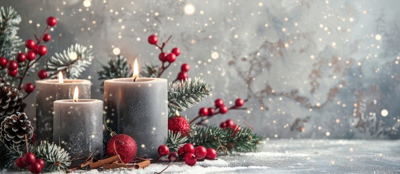 Christmas candles creating a lovely scene on a neutral gray backdrop with copy space image