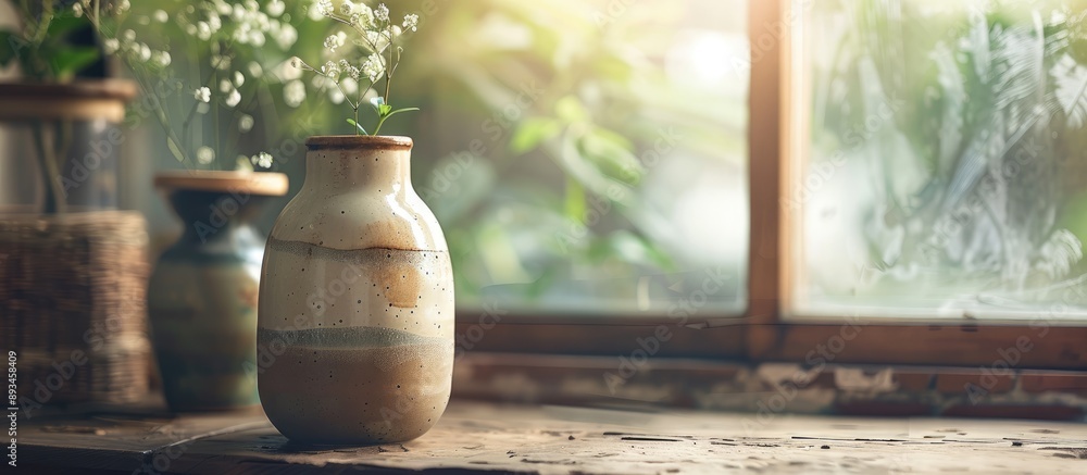 Poster Handmade ceramic with a traditional touch displayed in soft focus close up featuring a blank copy space image for text or designs