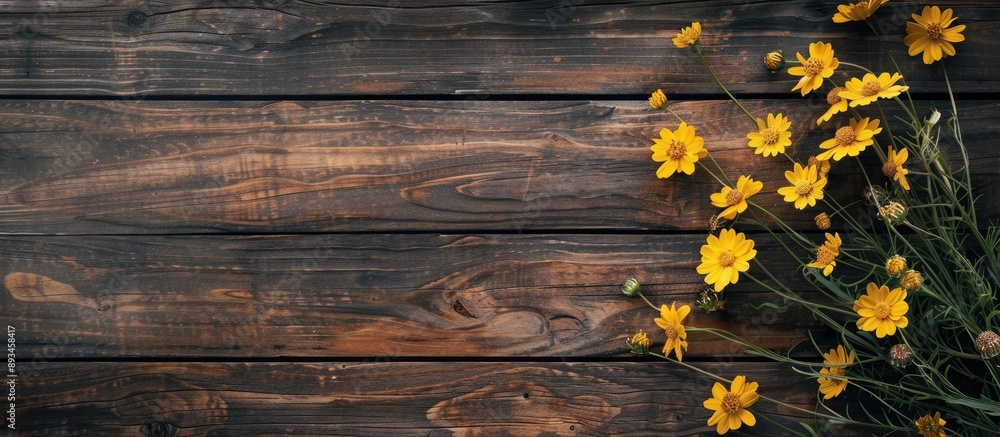 Aufkleber Yellow flowers displayed on a rustic wooden surface with copy space image