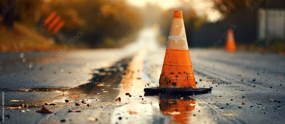 Aufkleber Traffic cone on the road with a blank space for an image. with copy space image. Place for adding text or design
