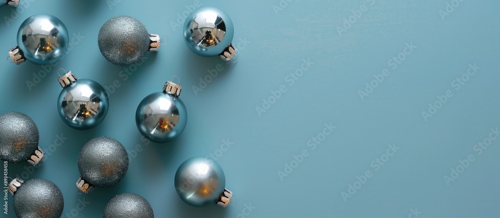 Aufkleber minimalistic flat lay background featuring gray christmas balls on a blue backdrop with copy space i