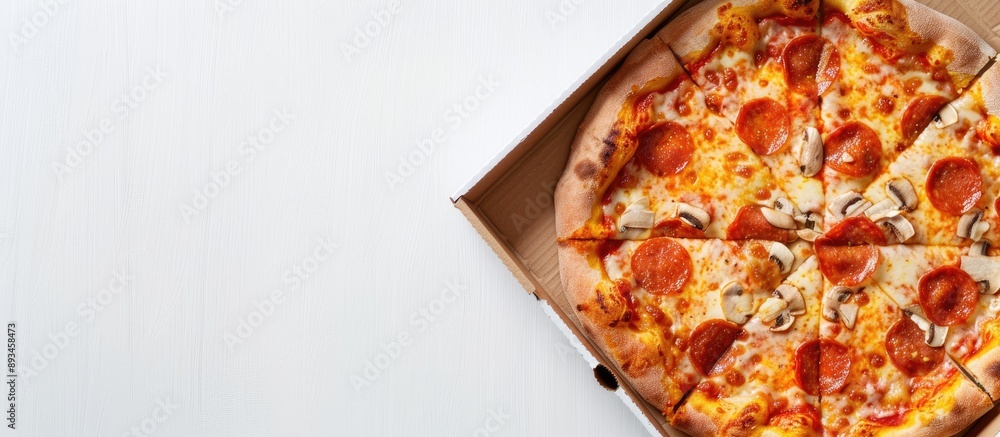 Aufkleber Close up of a pizza box against a white backdrop with ample copy space image
