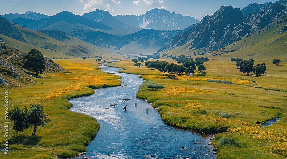 Poster A river flows out from the mountains in a vast valley, and a group of zebras are passing through it. On both sides of the river, there are scattered large trees and colorful flowers. Generative AI.