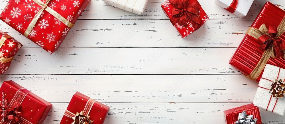 Poster a festive flat lay border featuring christmas presents in red boxes arranged on a white wooden table
