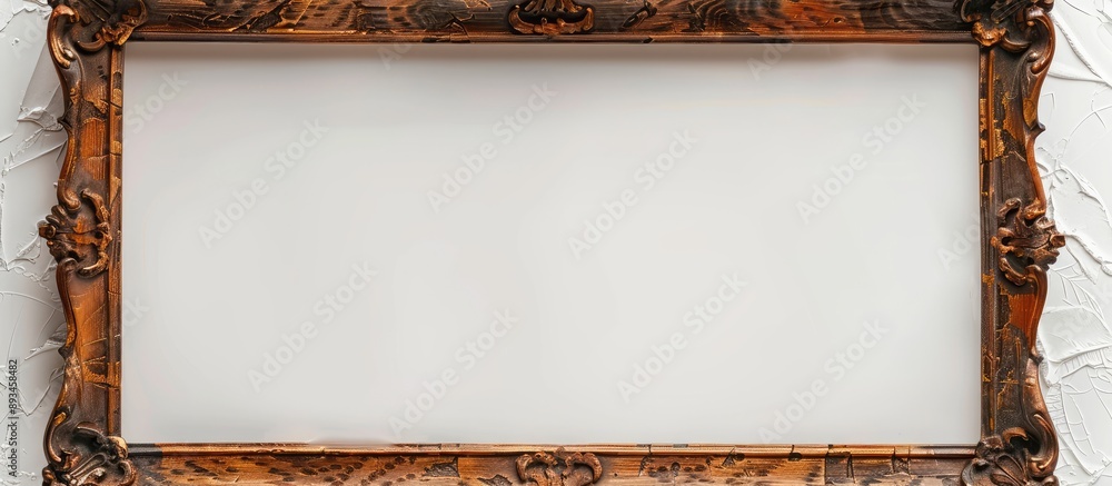 Poster Close up view of a wooden frame with a white backdrop creating a copy space image