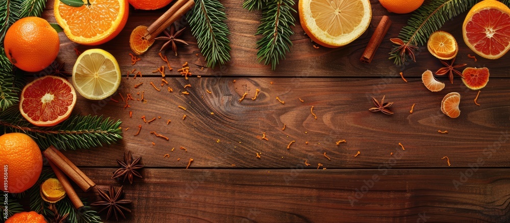 Aufkleber citrus fruits spices and pine branches arranged on a wooden backdrop with copy space image