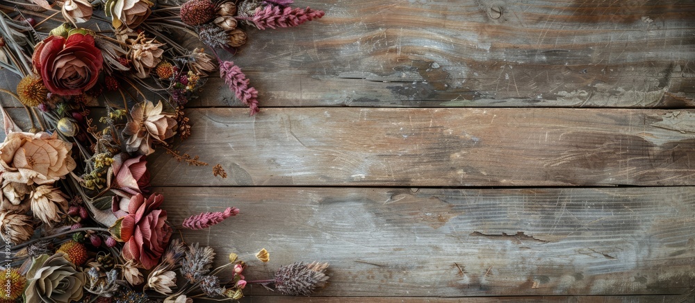 Aufkleber An arrangement of dried flowers displayed on a weathered wooden surface with ample copy space for adding text to the image