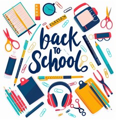 Brightly colored school items arranged in a circular frame with the caption "back To School" on a white background, designed in a flat vector style.