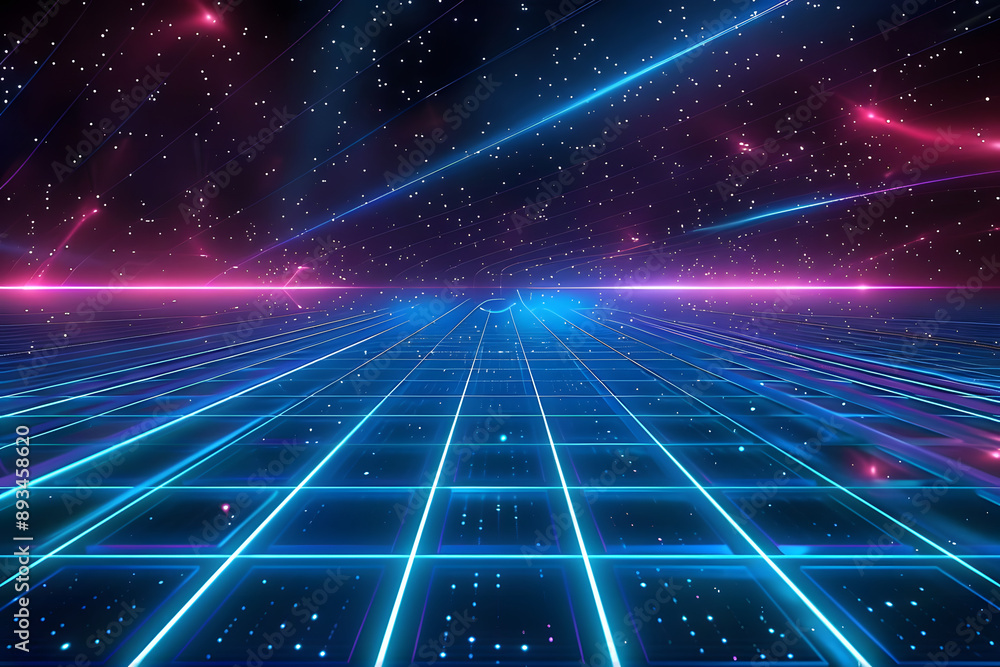 Canvas Prints retro 80s video game background with grid of blue light streaking in space