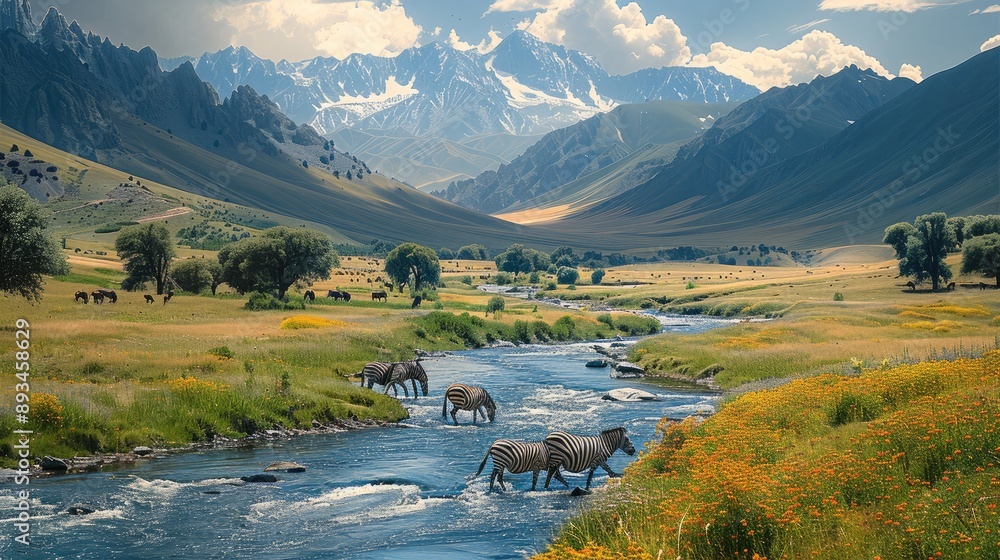 Poster A river flows out from the mountains in a vast valley, and a group of zebras are passing through it. On both sides of the river, there are scattered large trees and colorful flowers. Generative AI.