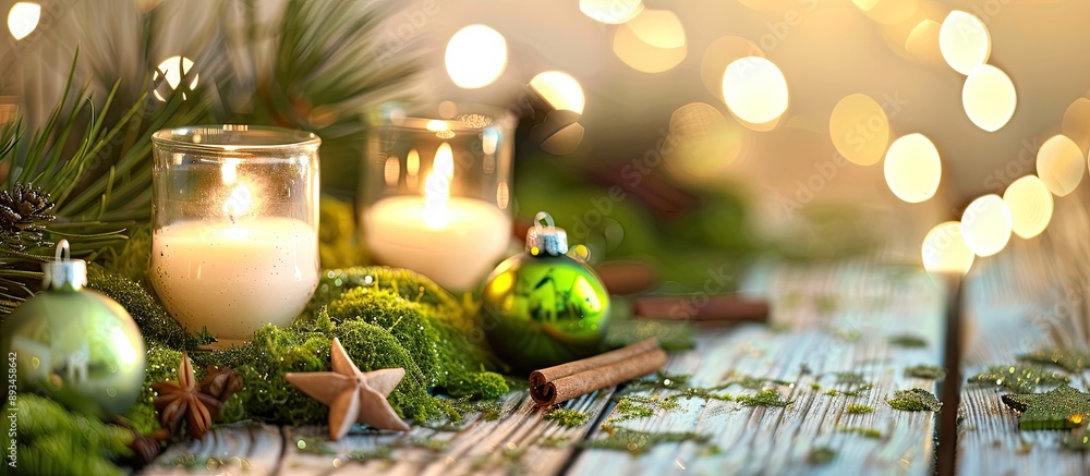 Poster a festive table setting for advent with lit candle moss green glass baubles and cinnamon stars on wo