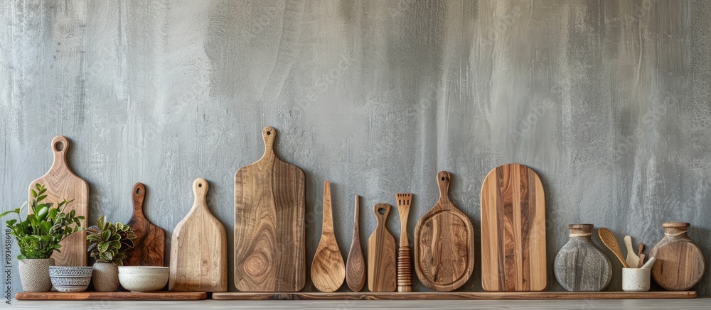 Leinwandbilder Close up of wooden cutting boards and utensils arranged on a table near a gray wall with empty space for text or images in the frame. with copy space image. Place for adding text or design