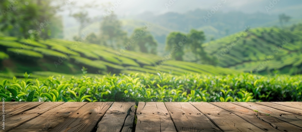 Aufkleber Wooden table top featuring a blurred background of green tea fields and grass exuding a fresh and relaxing vibe perfect for showcasing products or designing visuals with a view of copy space image