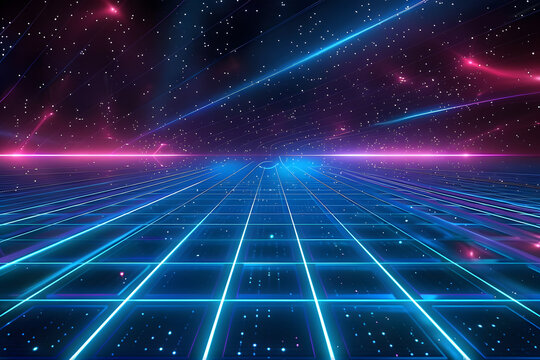 Retro 80s video game background with grid of blue light streaking in space
