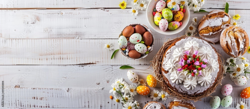 Aufkleber Top view of a festive Easter display featuring a traditional Easter cake chocolate eggs in a nest colorful painted eggs and sweet bread adorned with meringue on a wooden white background with copy spa