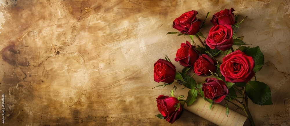 Poster A charming combination featuring a bouquet of lovely roses accompanied by a delicate letter scroll ideal for a romantic gesture with a captivating copy space image