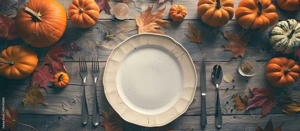 Poster Rustic Halloween table featuring an empty plate surrounded by pumpkins cutlery laid out creating a festive ambiance with available copy space image
