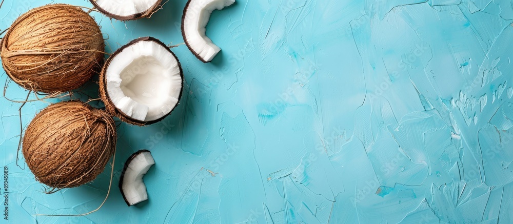 Leinwandbilder a flat lay setup displaying fresh coconut halves on a blue background with room available for text i