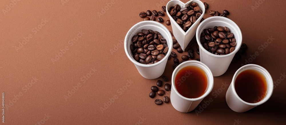 Aufkleber White paper coffee to go cups arranged in a heart shape with coffee beans atop a brown background Includes white mock up paper cups for use as a copy space image