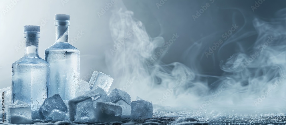 Poster chilled vodka bottles subtly visible through misted glass alongside ice cubes with a copy space imag