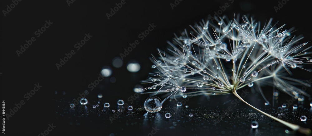 Poster a detailed view of a dandelion flower seed with dewdrops on a black backdrop suitable for a copy spa