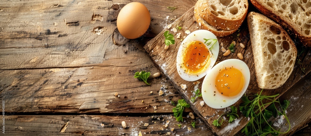Leinwandbilder Soft boiled egg and crispy bread displayed on a wooden table with a copy space image