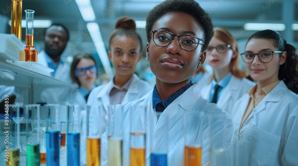 Aufkleber diverse group of scientists in a laboratory, posing confidently with research equipment, innovative 