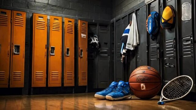 Empty locker room with sports equipment
