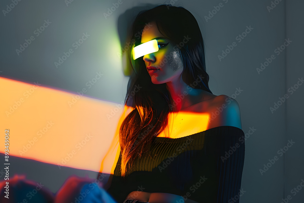 Poster female model using interactive device in room