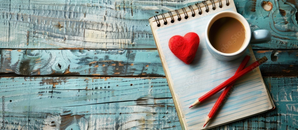Poster On a wooden surface there are a notepad pencil coffee cup and two red hearts suitable for adding text or graphics with copy space image