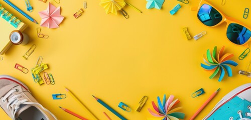 High-resolution flat lay of school items on yellow, perfectly centered with text space.
