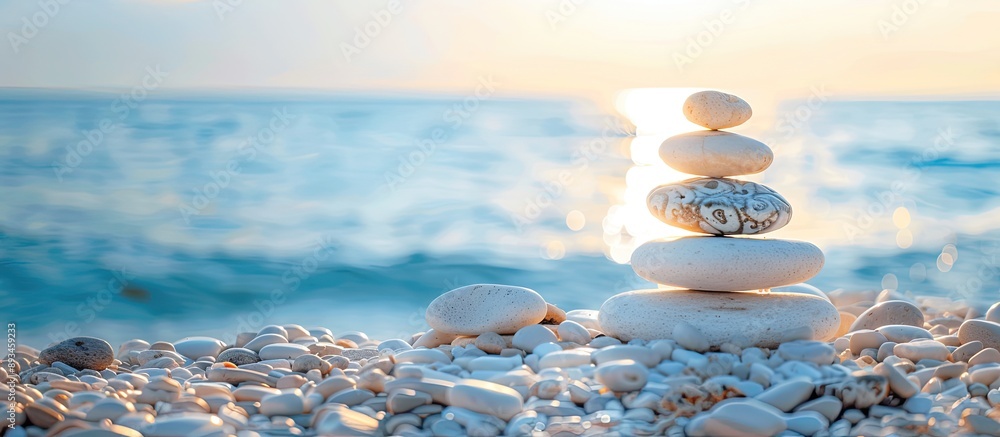 Poster pebbles pyramid on the beach with a sunny day and clear sky at sunset and a blue sea in the backgrou