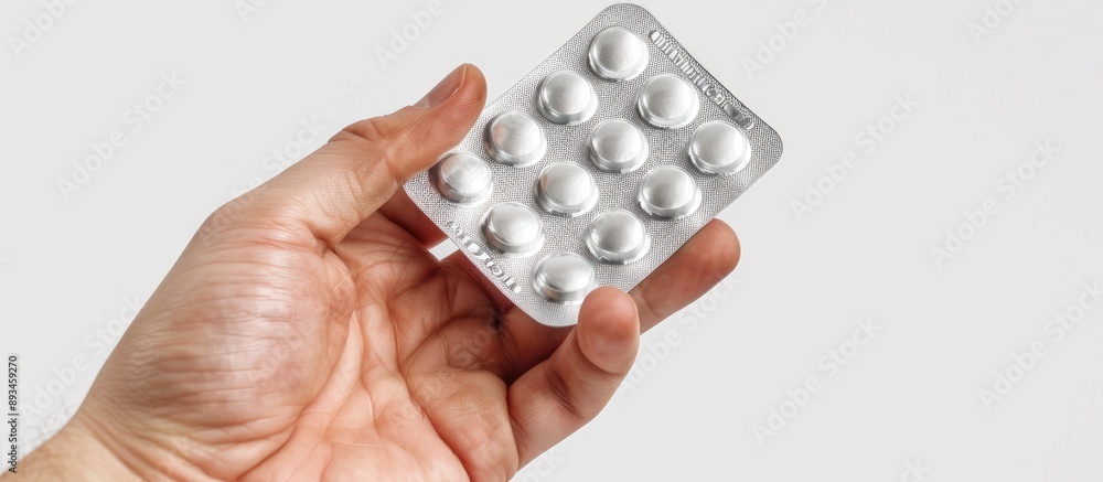 Aufkleber a hand holding silver blister packs of pills against a white backdrop ideal for adding extra content