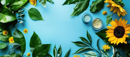 Flat lay of natural cosmetics on blue backdrop with green leaves and sunflowers ideal for beauty blog posts Background offers copy space image