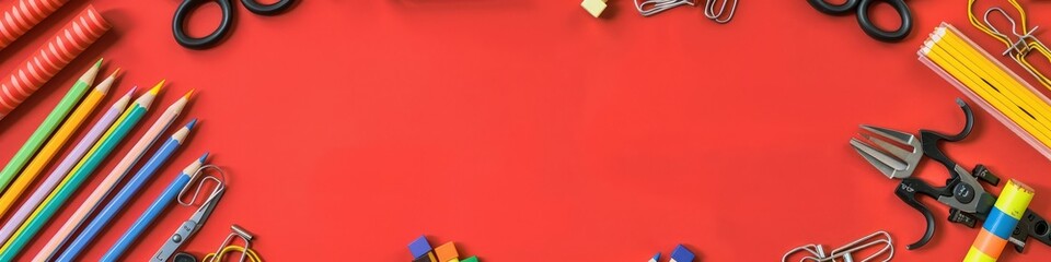 Fototapeta premium Vivid top view of educational tools on red, detailed for text addition.