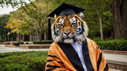 Tiger wearing a graduation cap and gown
