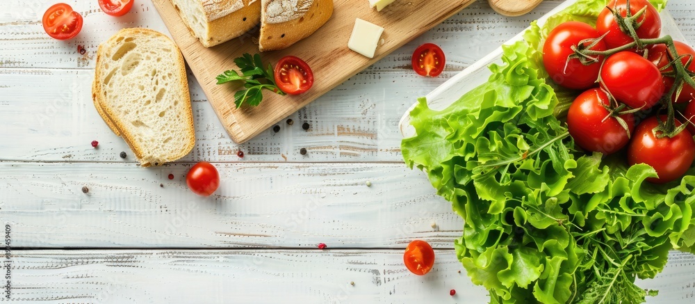Aufkleber A fresh ripe brunch with cherry tomatoes on a cutting board accompanied by green lettuce bread and butter set on a white wooden table with copy space image