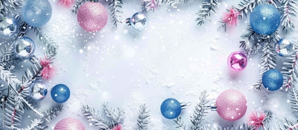 Poster decorative winter holiday greeting card with a frame adorned by shiny silver pink and blue ball deco