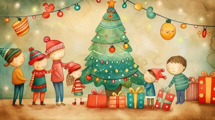 Charming watercolor holiday scene with children and Christmas tree decorations