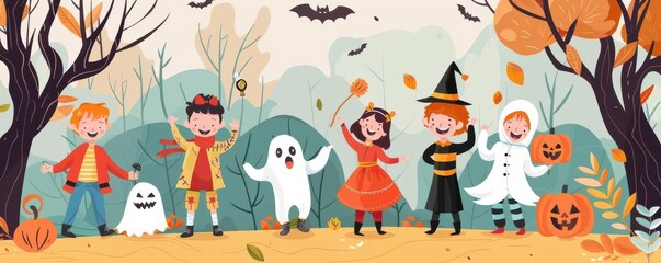 Children in Halloween costumes celebrating autumn festival with joy