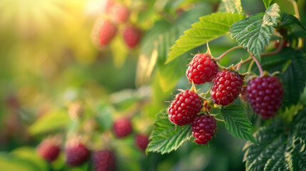 A close-up shot of ripe, red raspberries hanging from a vine in a sunlit garden setting.