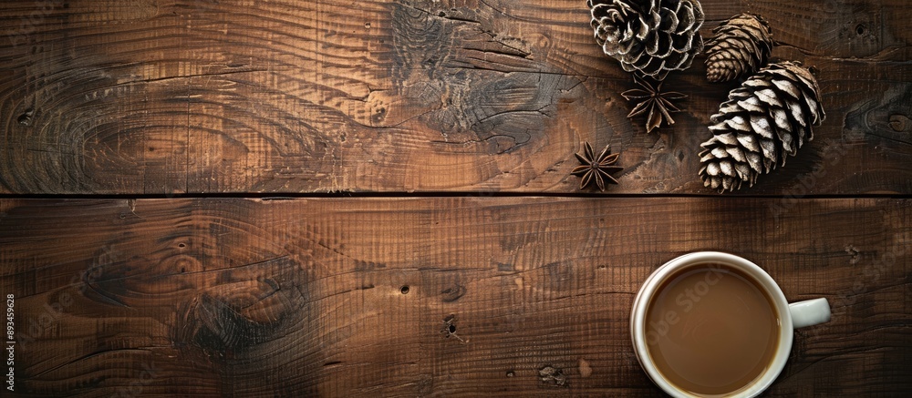 Poster a rustic themed top down view of coffee with a pine cone on a wooden table featuring ample copy spac