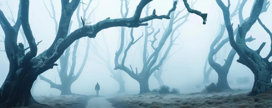 Eerie fog-covered forest with twisted trees and shadowy figures