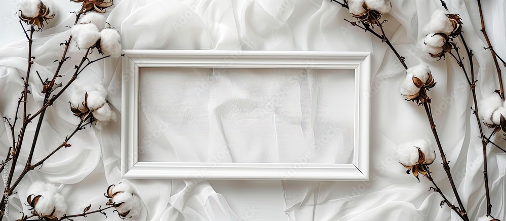 Aufkleber a white frame atop cotton on a white background top view with copy space image