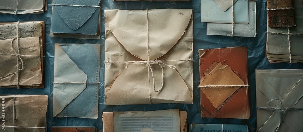 Poster Vintage stationery set displayed on a gray paper background with empty copy space image
